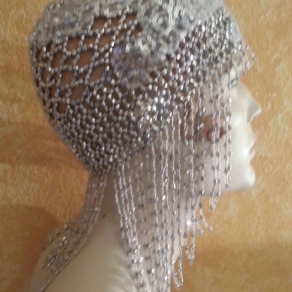Silver Gatsby Fringe Bead Lace Crystal Headpiece main image 6
